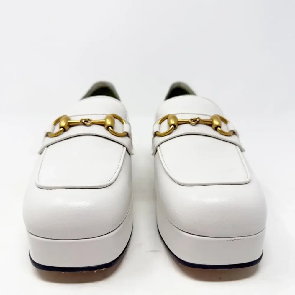 Gucci Houdan Horsebit Platform Loafers White Leather Womens Size EU 36